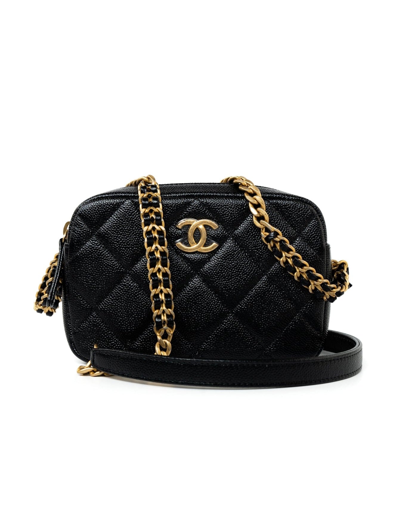 CHANEL Camera Case Black 22P Black Caviar Quilted Melody Chain Camera Bag Aged Gold Hardware - Redeluxe