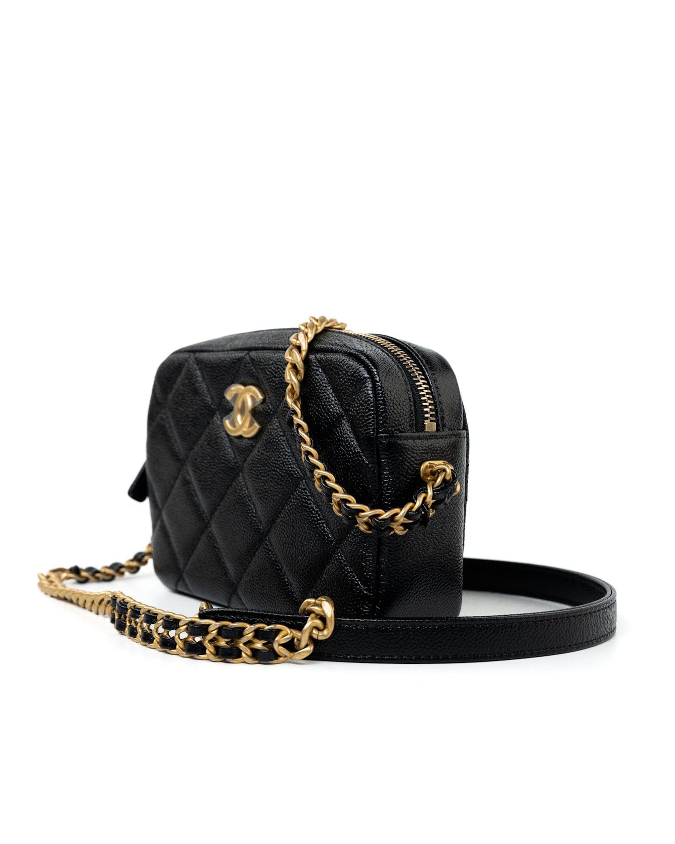 CHANEL Camera Case Black 22P Black Caviar Quilted Melody Chain Camera Bag Aged Gold Hardware - Redeluxe