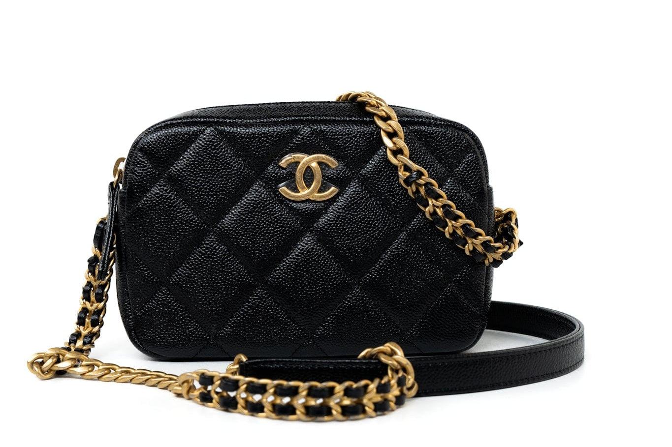 CHANEL Camera Case Black 22P Black Caviar Quilted Melody Chain Camera Bag Aged Gold Hardware - Redeluxe