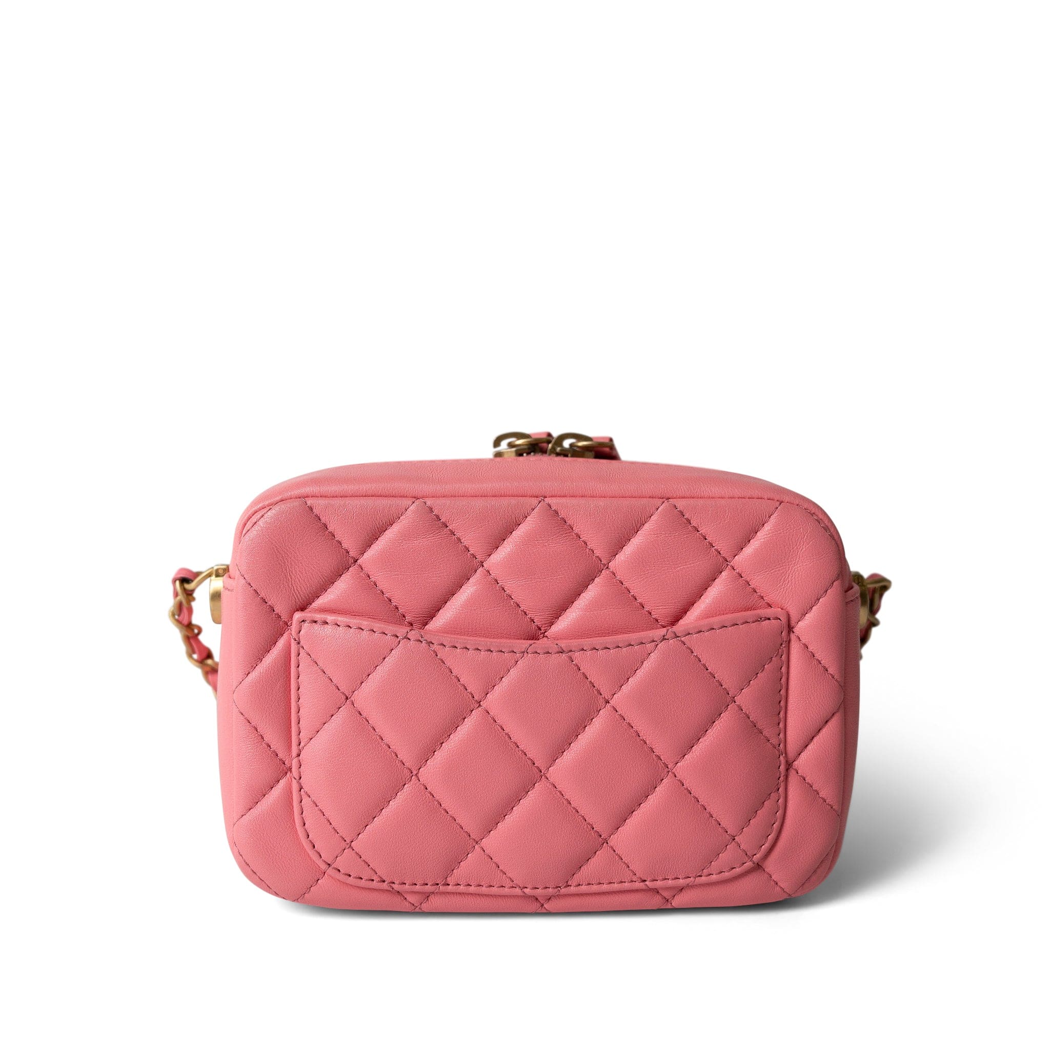 CHANEL Camera Case PINK 22S Pink Lambskin Quilted Camera Case Aged Gold Hardware - Redeluxe