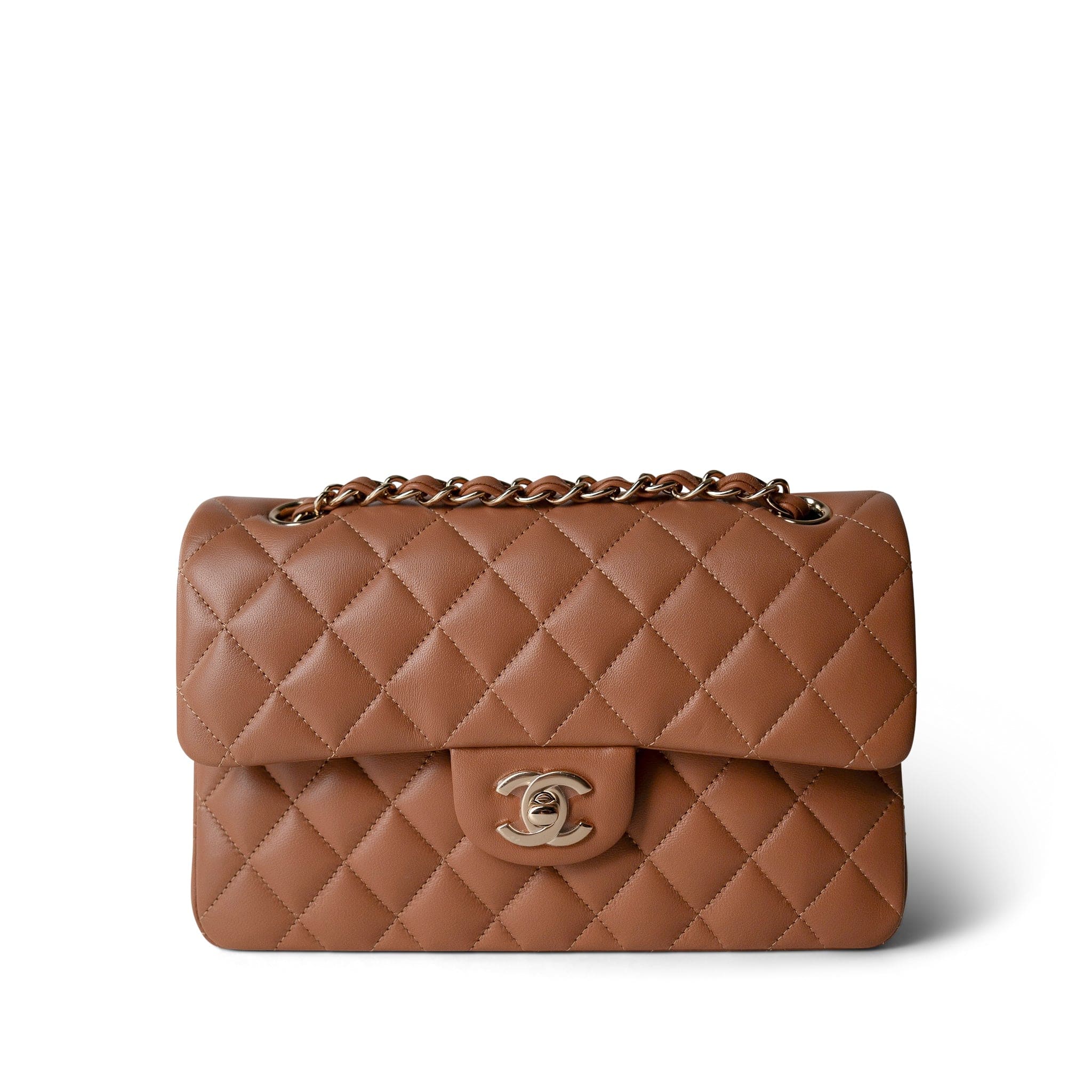 CHANEL Caramel 22S Caramel Lambskin Quilted Classic Flap Small Light Gold Hardware - Redeluxe