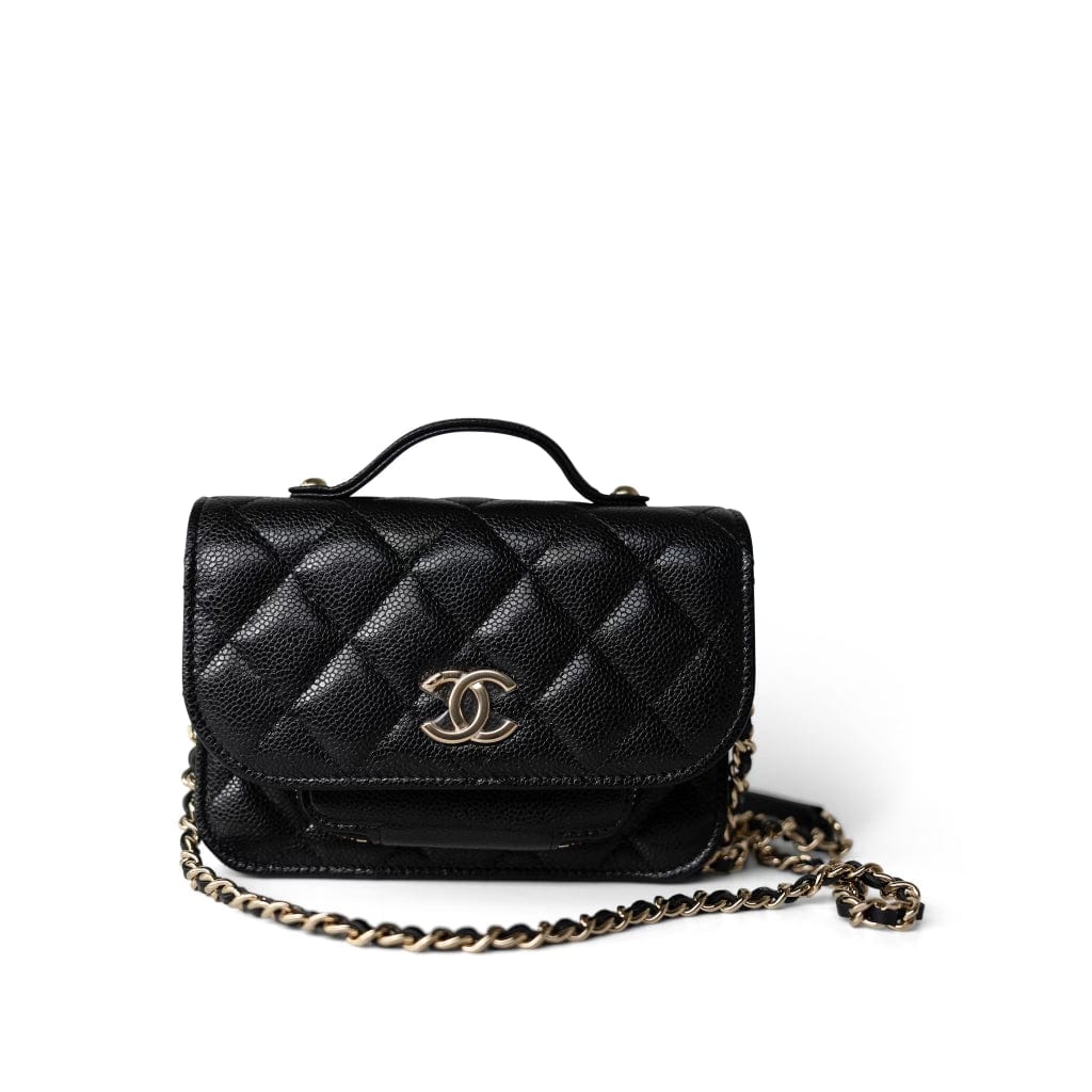 CHANEL Clutch Black Black Caviar Quilted Business Affinity Clutch With Chain Flap Light Gold Hardware - Redeluxe
