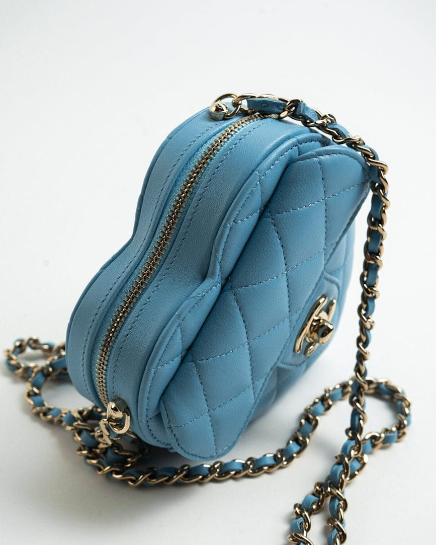 CHANEL Clutch Blue 22S CC In Love Blue Lambskin Quilted Small (Clutch on Chain) Heart Bag LGHW - Redeluxe