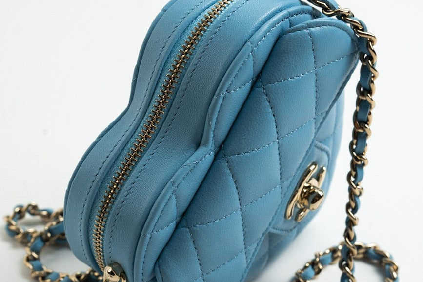 CHANEL Clutch Blue 22S CC In Love Blue Lambskin Quilted Small (Clutch on Chain) Heart Bag LGHW - Redeluxe
