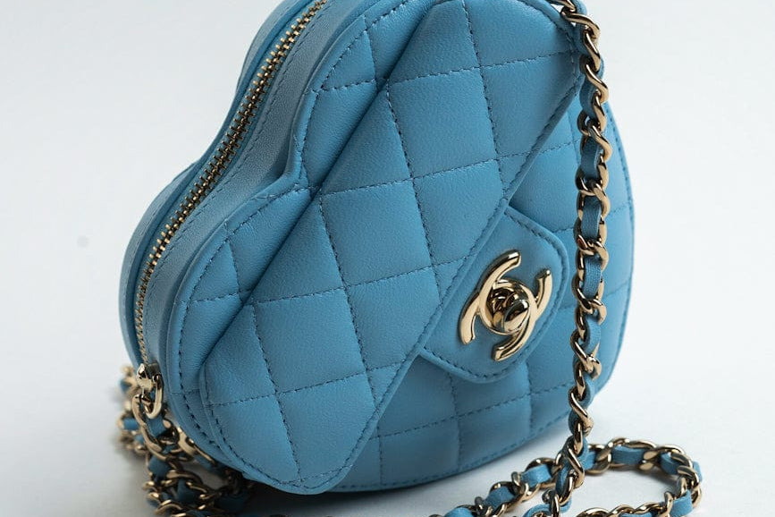 CHANEL Clutch Blue 22S CC In Love Blue Lambskin Quilted Small (Clutch on Chain) Heart Bag LGHW - Redeluxe