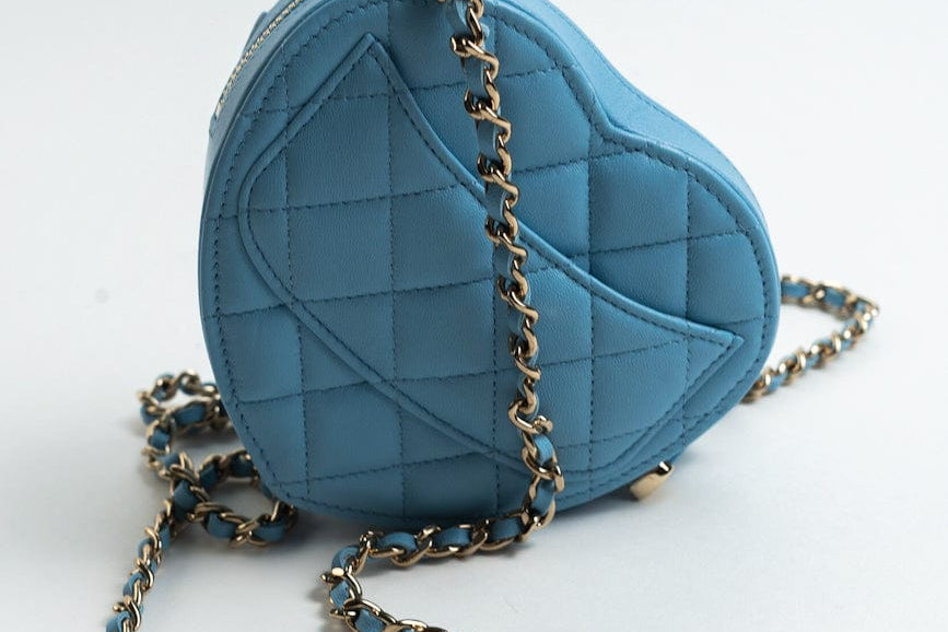 CHANEL Clutch Blue 22S CC In Love Blue Lambskin Quilted Small (Clutch on Chain) Heart Bag LGHW - Redeluxe
