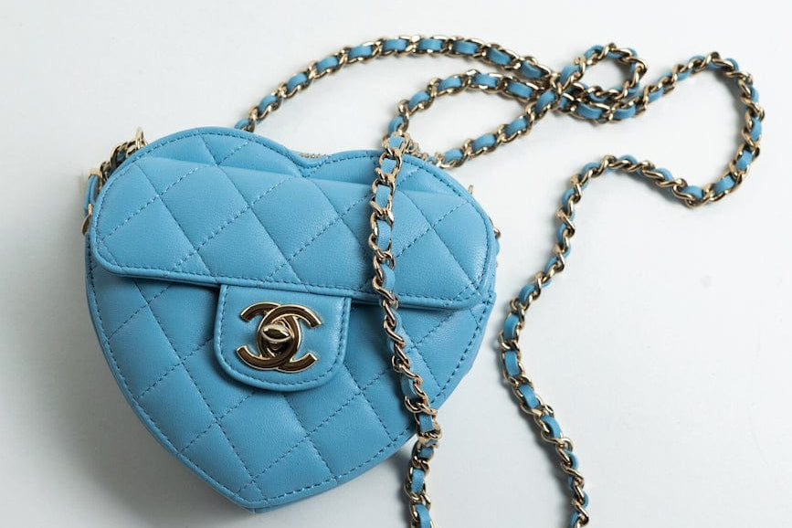 CHANEL Clutch Blue 22S CC In Love Blue Lambskin Quilted Small (Clutch on Chain) Heart Bag LGHW - Redeluxe