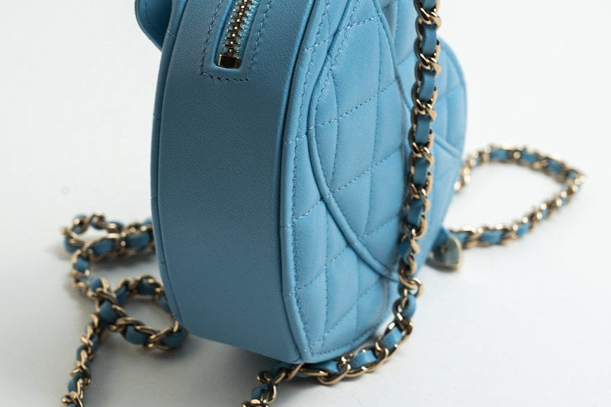 CHANEL Clutch Blue 22S CC In Love Blue Lambskin Quilted Small (Clutch on Chain) Heart Bag LGHW - Redeluxe