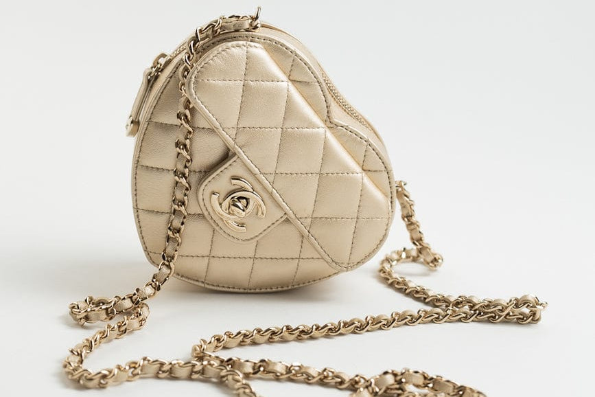 CHANEL Clutch Gold 22S CC In Love Metallic Gold Lambskin Quilted Small (Clutch on Chain) Heart Bag LGHW - Redeluxe