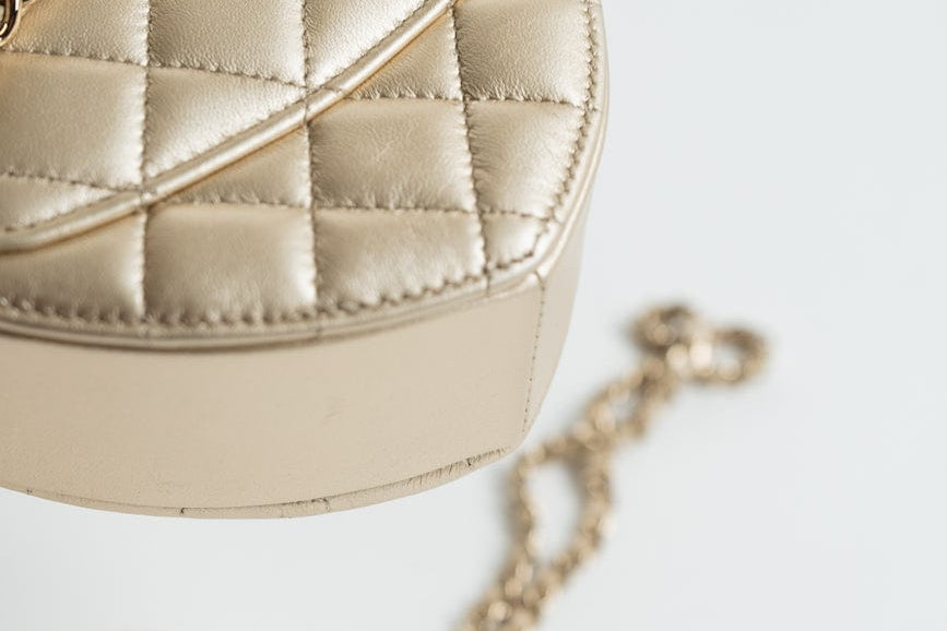 CHANEL Clutch Gold 22S CC In Love Metallic Gold Lambskin Quilted Small (Clutch on Chain) Heart Bag LGHW - Redeluxe