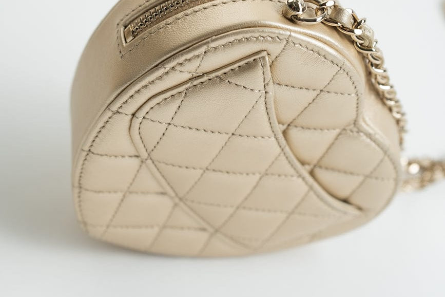 CHANEL Clutch Gold 22S CC In Love Metallic Gold Lambskin Quilted Small (Clutch on Chain) Heart Bag LGHW - Redeluxe