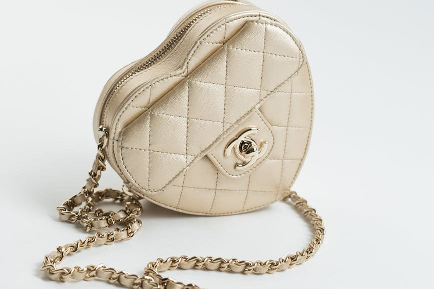 CHANEL Clutch Gold 22S CC In Love Metallic Gold Lambskin Quilted Small (Clutch on Chain) Heart Bag LGHW - Redeluxe