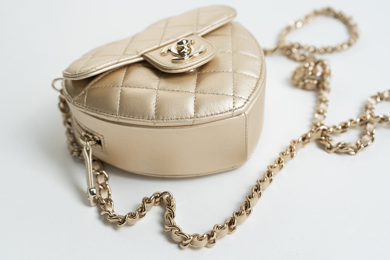 CHANEL Clutch Gold 22S CC In Love Metallic Gold Lambskin Quilted Small (Clutch on Chain) Heart Bag LGHW - Redeluxe