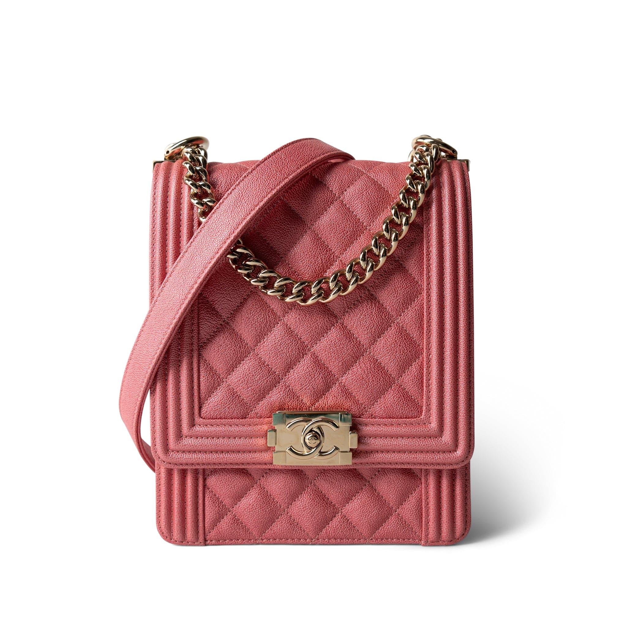CHANEL Coral Pink Caviar Quilted North South Boy Bag Light Gold Hardware - Redeluxe