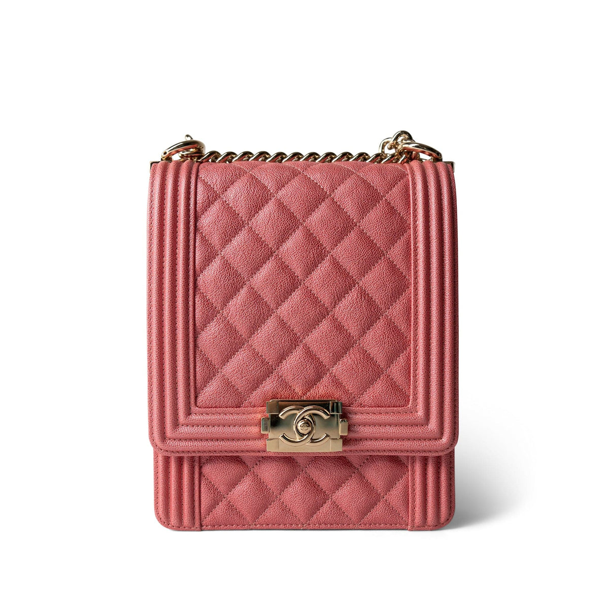 CHANEL Coral Pink Caviar Quilted North South Boy Bag Light Gold Hardware - Redeluxe