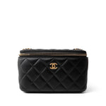 CHANEL Cosmetic Cases Black Black Lambskin Quilted Pearl Crush Vanity Case With Chain Antique Gold - Redeluxe