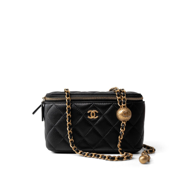 Black Lambskin Quilted Pearl Crush Vanity Case With Chain Antique