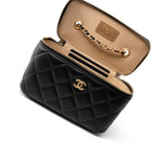 CHANEL Cosmetic Cases Black Black Lambskin Quilted Pearl Crush Vanity Case With Chain Antique Gold - Redeluxe
