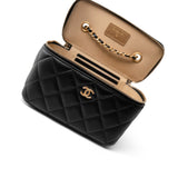 CHANEL Cosmetic Cases Black Black Lambskin Quilted Pearl Crush Vanity Case With Chain Antique Gold - Redeluxe