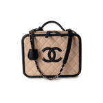 CHANEL Cosmetic Cases Vanity Case / Beige Beige / Black Caviar Quilted Filigree Vanity Case Large Light Gold Hardware - Redeluxe