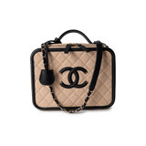 CHANEL Cosmetic Cases Vanity Case / Beige Beige / Black Caviar Quilted Filigree Vanity Case Large Light Gold Hardware - Redeluxe