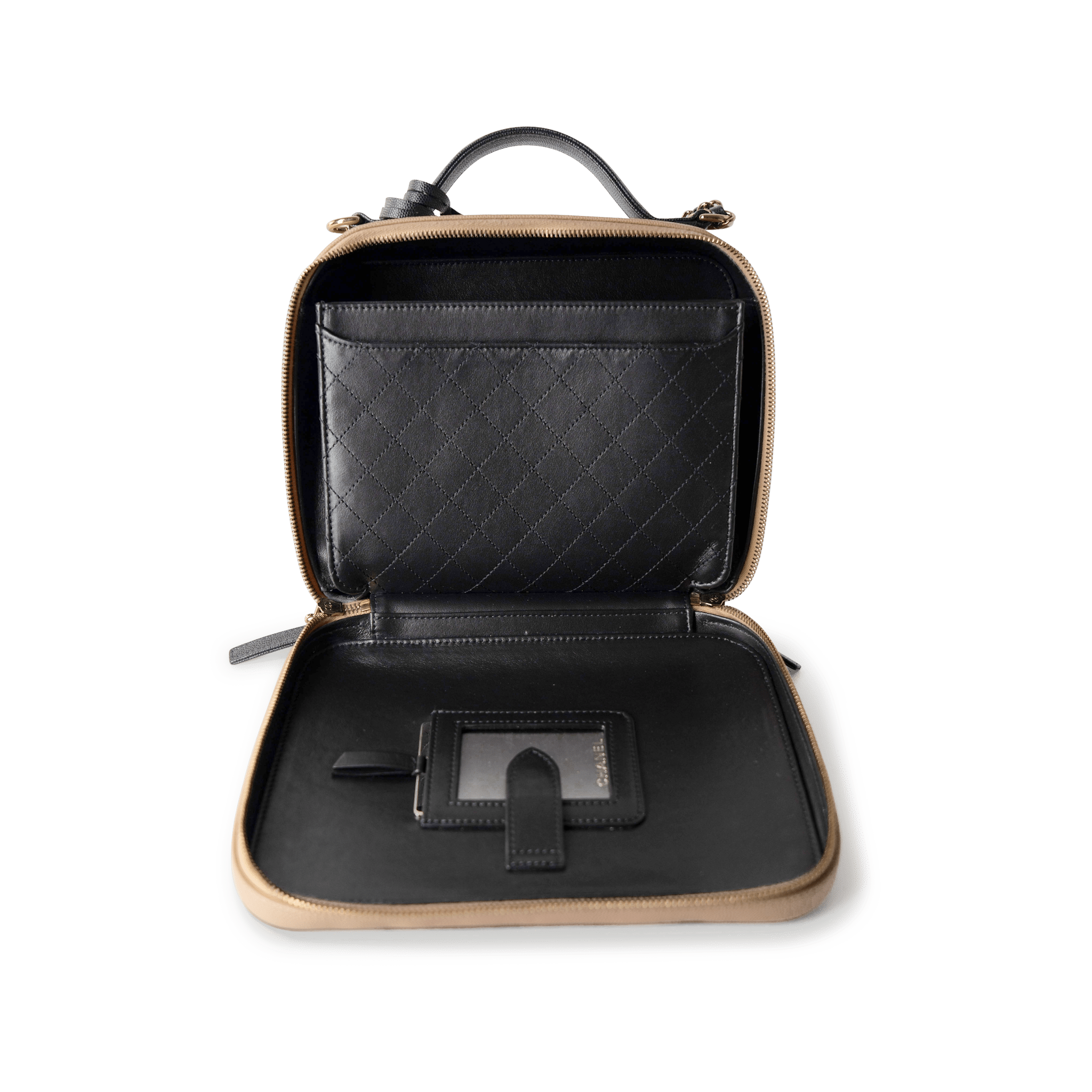 CHANEL Cosmetic Cases Vanity Case / Beige Beige / Black Caviar Quilted Filigree Vanity Case Large Light Gold Hardware - Redeluxe