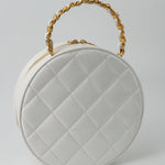 CHANEL Cosmetic Cases Vintage White Patent Leather Round Vanity Bag Gold Hardware - Redeluxe