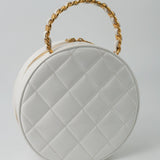 CHANEL Cosmetic Cases Vintage White Patent Leather Round Vanity Bag Gold Hardware - Redeluxe
