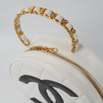 CHANEL Cosmetic Cases Vintage White Patent Leather Round Vanity Bag Gold Hardware - Redeluxe