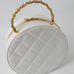CHANEL Cosmetic Cases Vintage White Patent Leather Round Vanity Bag Gold Hardware - Redeluxe