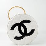 CHANEL Cosmetic Cases Vintage White Patent Leather Round Vanity Bag Gold Hardware - Redeluxe