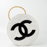 CHANEL Cosmetic Cases Vintage White Patent Leather Round Vanity Bag Gold Hardware - Redeluxe