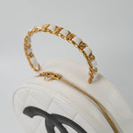 CHANEL Cosmetic Cases Vintage White Patent Leather Round Vanity Bag Gold Hardware - Redeluxe