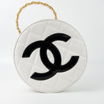 CHANEL Cosmetic Cases Vintage White Patent Leather Round Vanity Bag Gold Hardware - Redeluxe