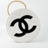 CHANEL Cosmetic Cases Vintage White Patent Leather Round Vanity Bag Gold Hardware - Redeluxe