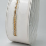 CHANEL Cosmetic Cases Vintage White Patent Leather Round Vanity Bag Gold Hardware - Redeluxe