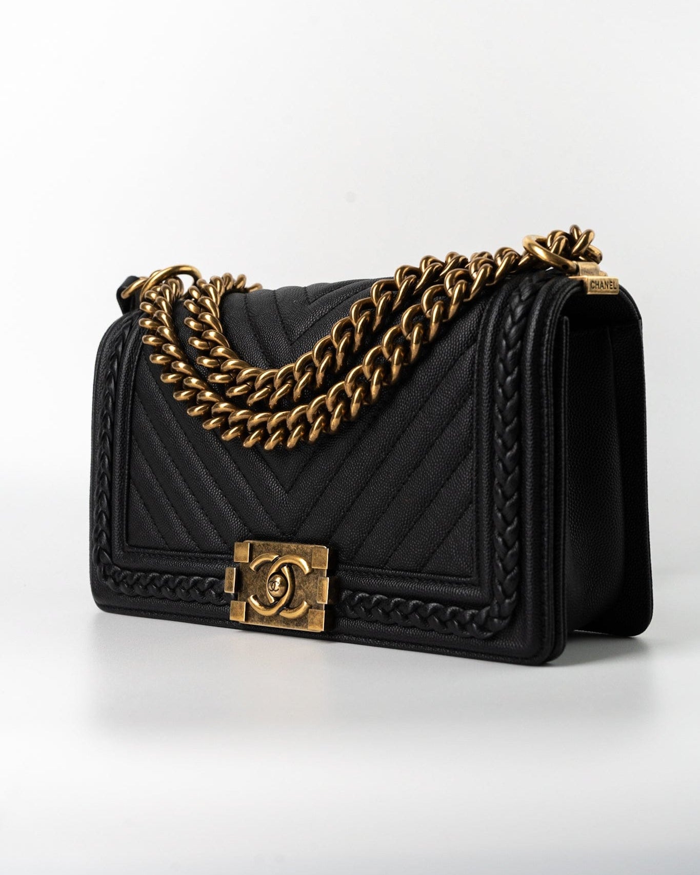 CHANEL Crossbody Black Caviar Chevron Boy Bag Medium Entwined Leather Aged Gold Hardware - Redeluxe