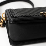 CHANEL Crossbody Black Caviar Chevron Boy Bag Medium Entwined Leather Aged Gold Hardware - Redeluxe