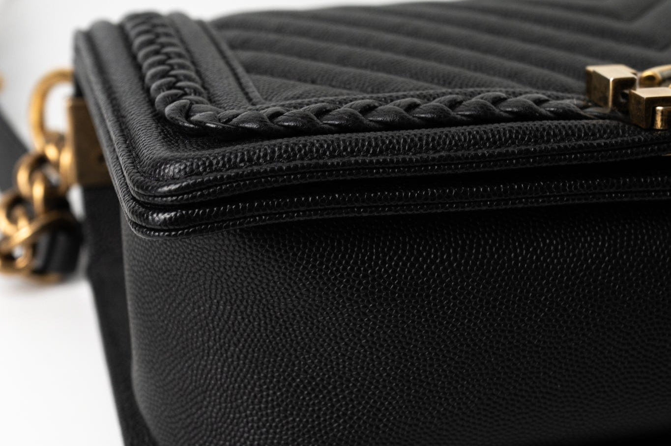 CHANEL Crossbody Black Caviar Chevron Boy Bag Medium Entwined Leather Aged Gold Hardware - Redeluxe