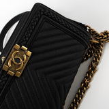 CHANEL Crossbody Black Caviar Chevron Boy Bag Medium Entwined Leather Aged Gold Hardware - Redeluxe
