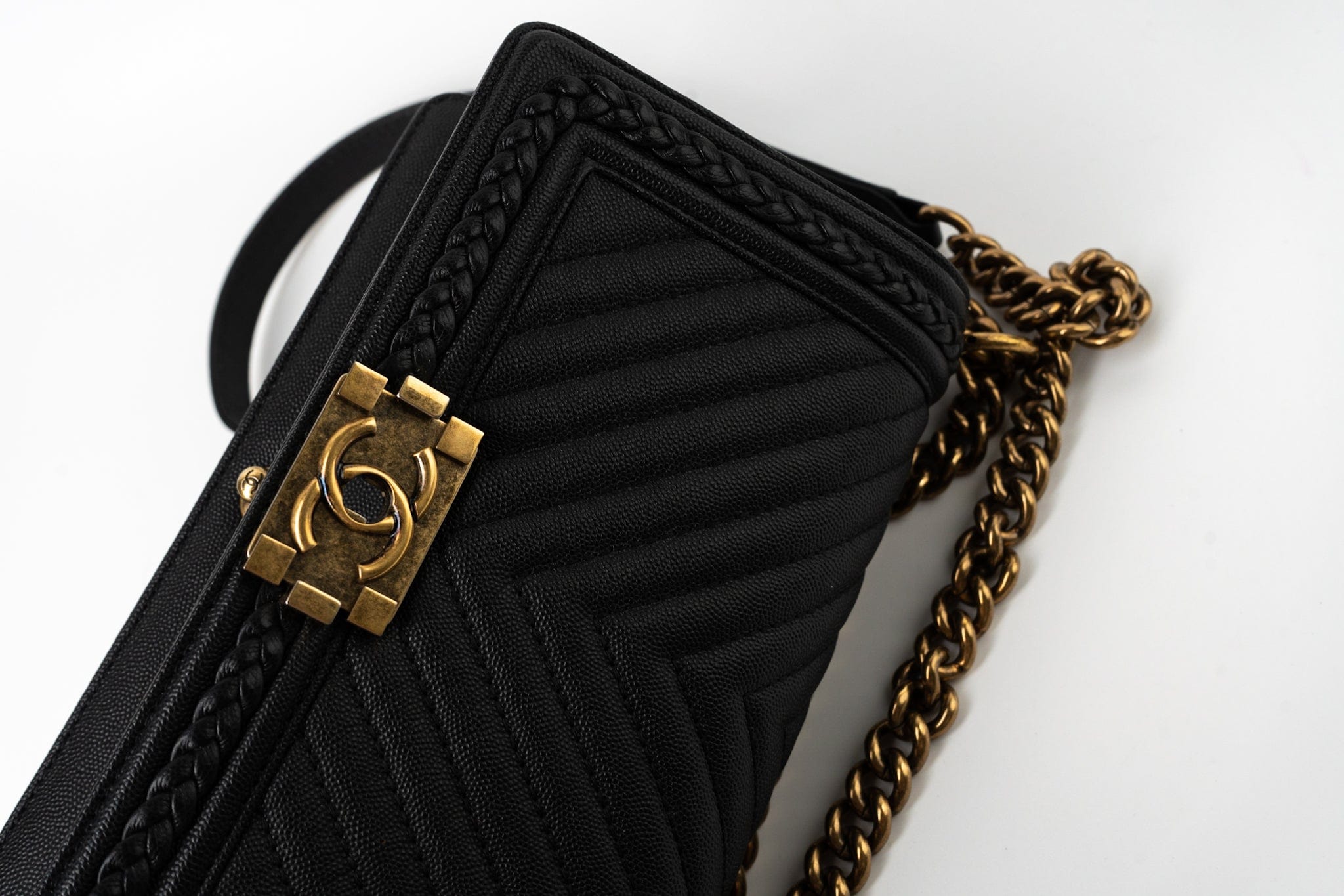 CHANEL Crossbody Black Caviar Chevron Boy Bag Medium Entwined Leather Aged Gold Hardware - Redeluxe