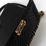 CHANEL Crossbody Black Caviar Chevron Boy Bag Medium Entwined Leather Aged Gold Hardware - Redeluxe