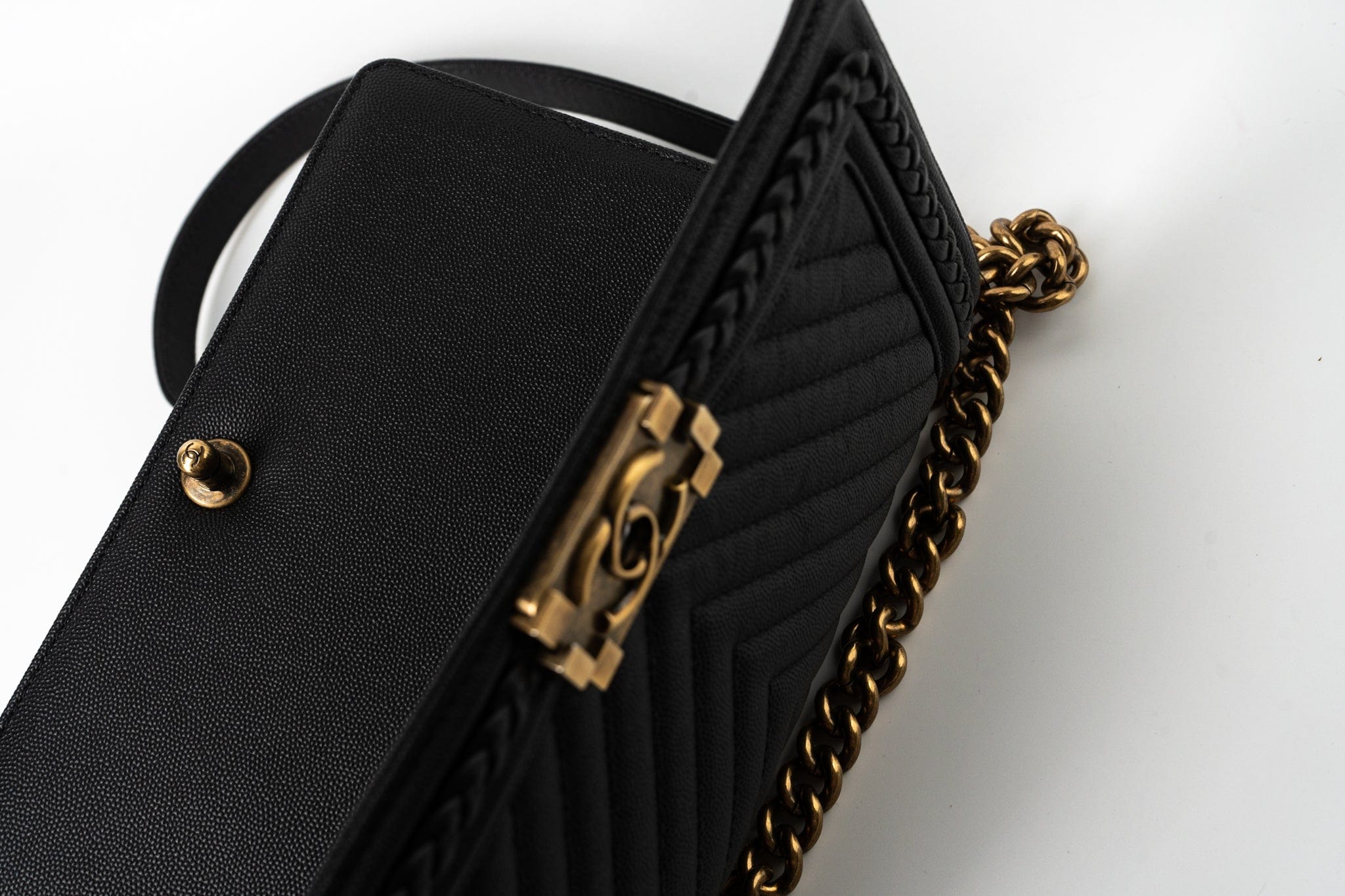 CHANEL Crossbody Black Caviar Chevron Boy Bag Medium Entwined Leather Aged Gold Hardware - Redeluxe
