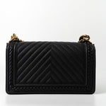 CHANEL Crossbody Black Caviar Chevron Boy Bag Medium Entwined Leather Aged Gold Hardware - Redeluxe