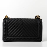 CHANEL Crossbody Black Caviar Chevron Boy Bag Medium Entwined Leather Aged Gold Hardware - Redeluxe