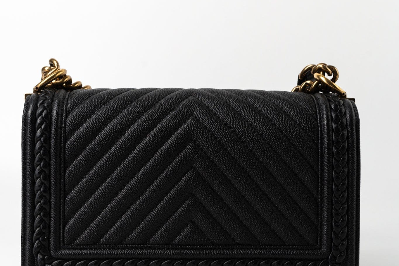 CHANEL Crossbody Black Caviar Chevron Boy Bag Medium Entwined Leather Aged Gold Hardware - Redeluxe