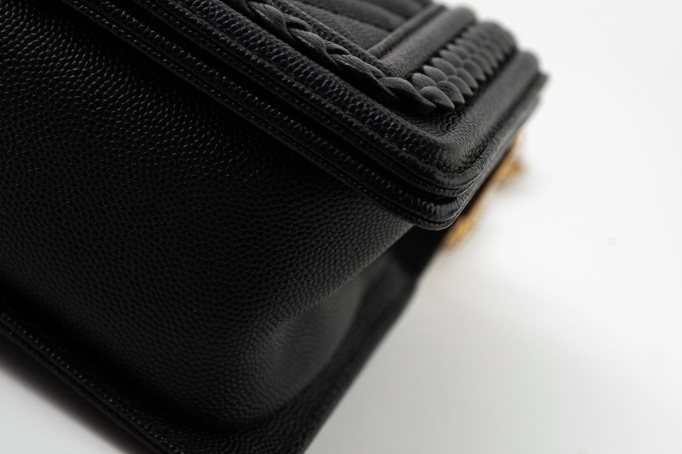 CHANEL Crossbody Black Caviar Chevron Boy Bag Medium Entwined Leather Aged Gold Hardware - Redeluxe