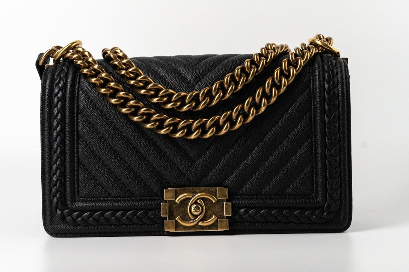 CHANEL Crossbody Black Caviar Chevron Boy Bag Medium Entwined Leather Aged Gold Hardware - Redeluxe