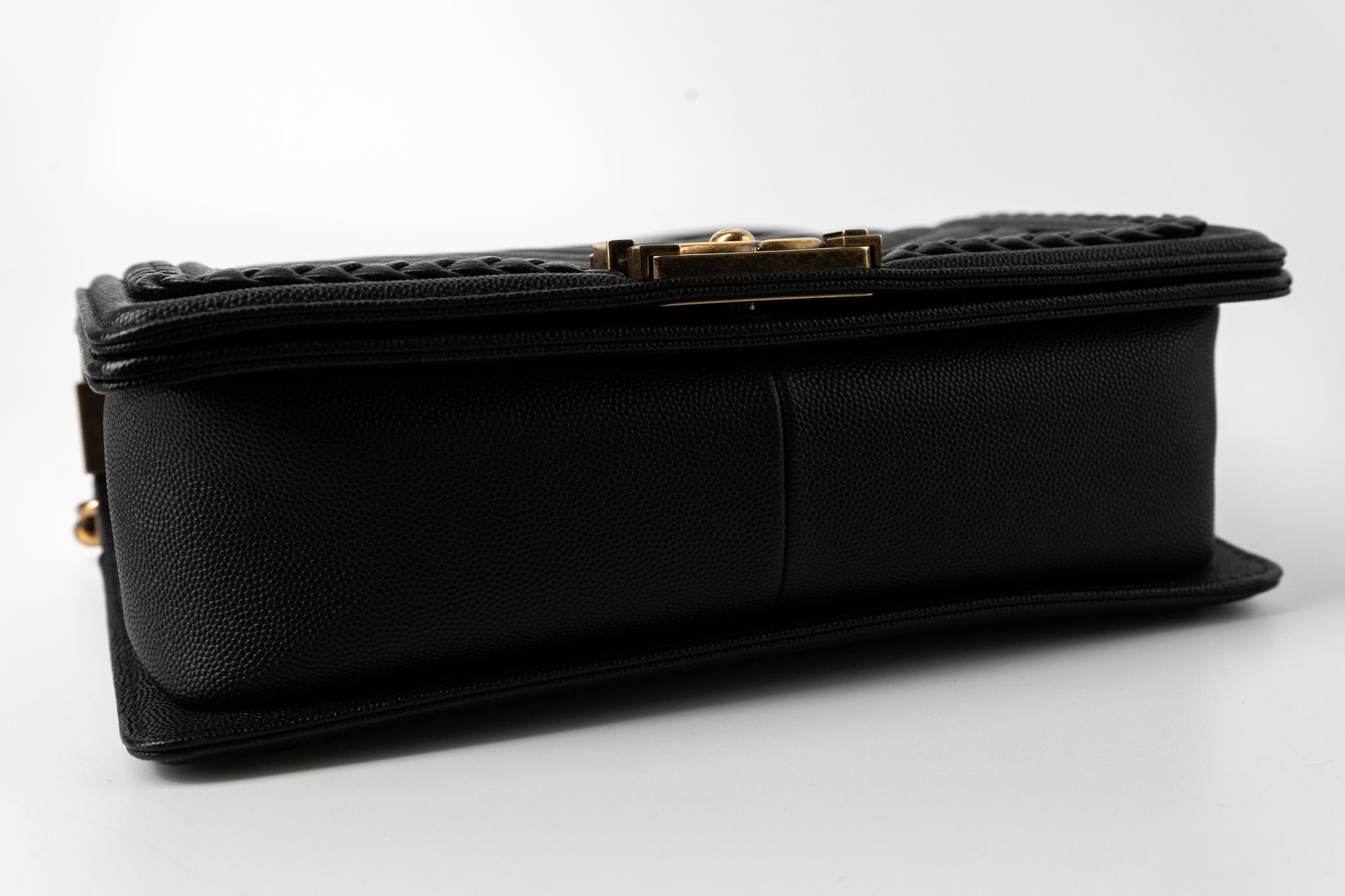 CHANEL Crossbody Black Caviar Chevron Boy Bag Medium Entwined Leather Aged Gold Hardware - Redeluxe