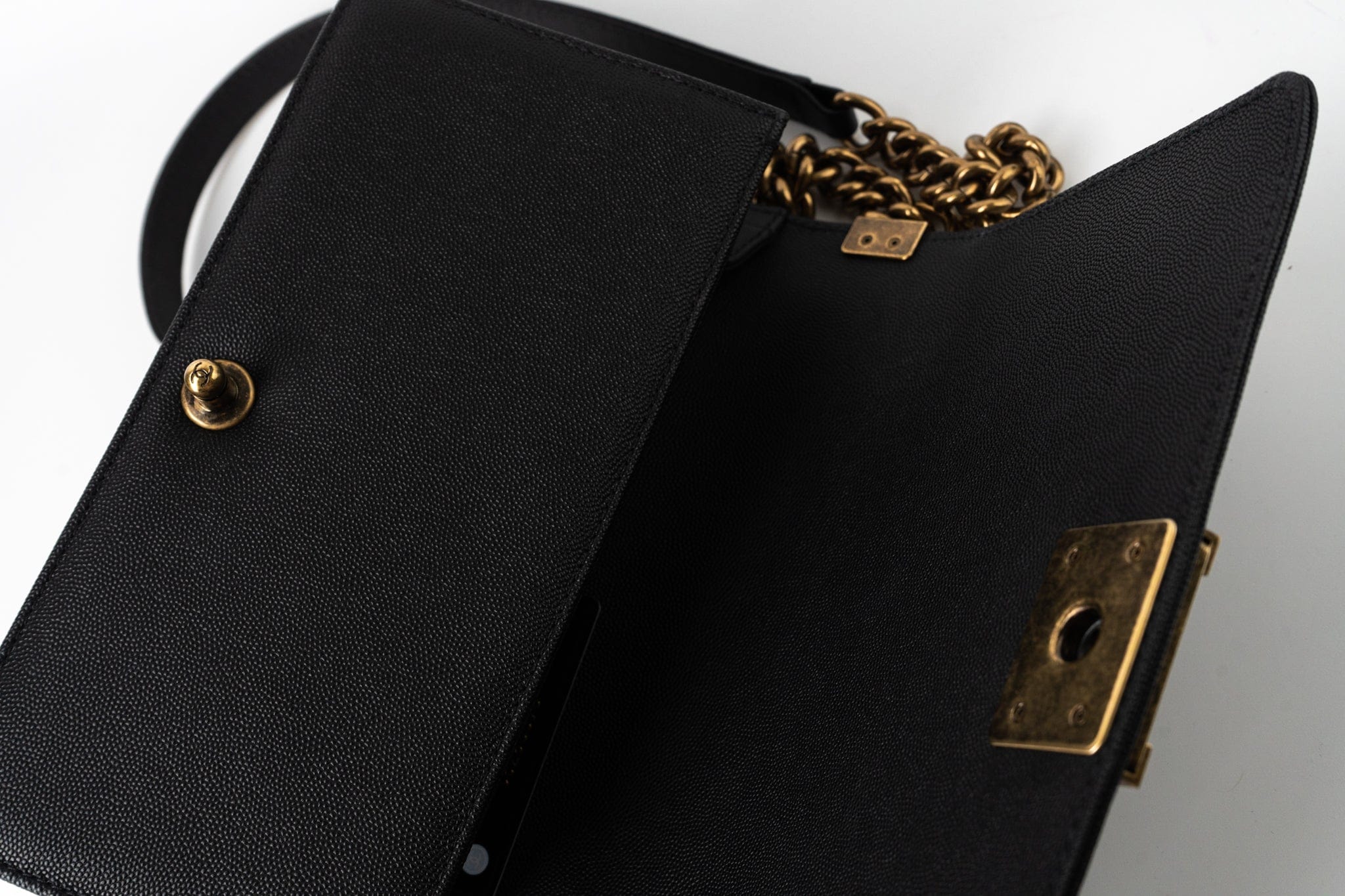CHANEL Crossbody Black Caviar Chevron Boy Bag Medium Entwined Leather Aged Gold Hardware - Redeluxe